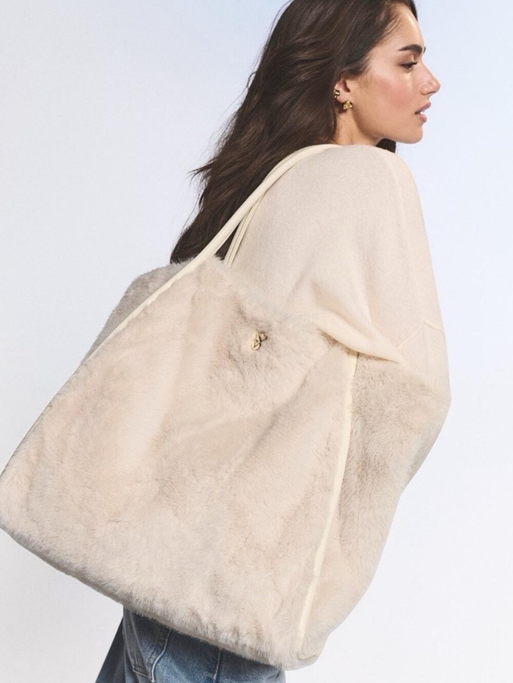 Victoria’s Secret Faux Fur Tote Bag Cream Ivory Plush Shoulder Bag NWT